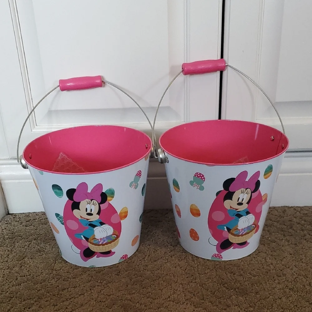 Set of 2 Minnie Mouse Easter Buckets Pails Hunt Party Prizes Treats  metal NEW